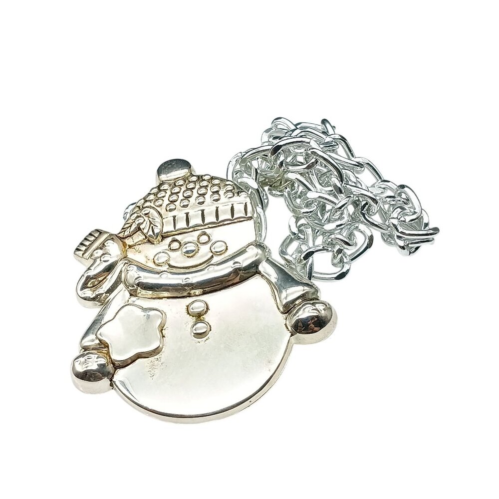 Vintage BEST Silver-Tone Snowman Pendant Brooch on Silver Tone Chunky Chain Neck - Picture 2 of 4
